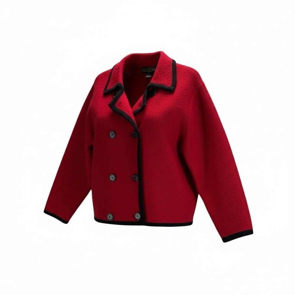 Vintage Herman Geist Red Wool Jacket Cropped Peacoat Black Trim 100% Wool Sz PM